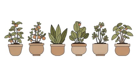 Pixelated Illustration of Six Potted Plants in a Row on a White Background