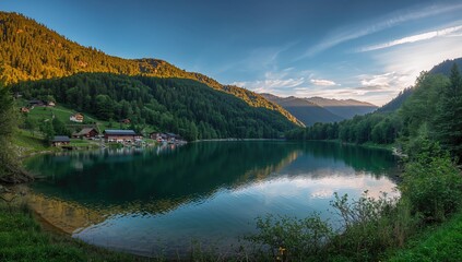 Fototapeta premium Sunrise over a scenic mountain village by a long lake during summer, a favored tourist destination.