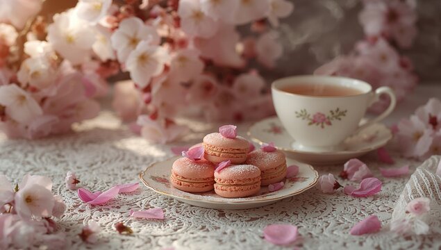 Heart-shaped macarons paired with tea and cherry blossom petals for Mother's Day