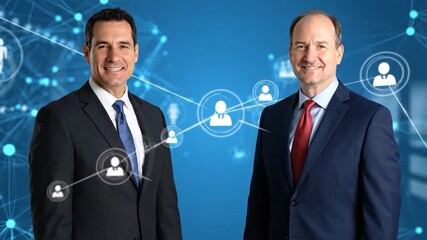Two formally dressed men shaking hands, connected by network icons on a blue gradient