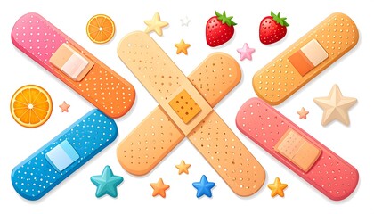 Colorful plasters arranged with fruit & stars on white background, suggesting healing and care
