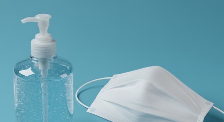A clear gel dispenser and a disposable face mask on a simple light blue backdrop