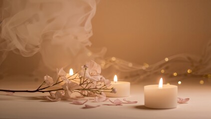 Softly Blurred Flames and Flower Branch in Low Light, Minimalist Still Life on Beige Backdrop