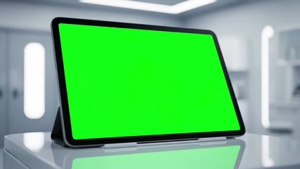 Future Clinic Environment with man holding tablet computer chroma key screen in room close up distortion, green overlay, glitch, static noise, scan lines on black background, 4k animated video loop - Powered by Adobe