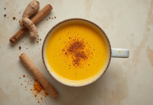 Turmeric latte served with cinnamon and ginger, top-down composition, neutral cream background, perfect for food blog header.
