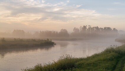 Obraz premium Peaceful Summer Scenery with Calm Streams and Misty Skies