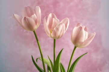 Fototapeta premium Gentle pale pink tulips blossoming on a muted pink background