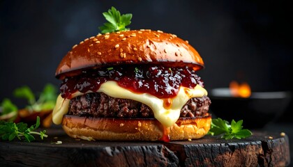 Dark elegant shot of brie‑topped burger with jam, cheese melt