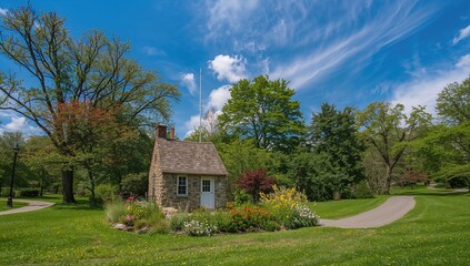 Obraz premium A small building or pump station on a sunny day in a local park by a residential area