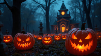 ack O’Lanterns In The Cemetery At Night.