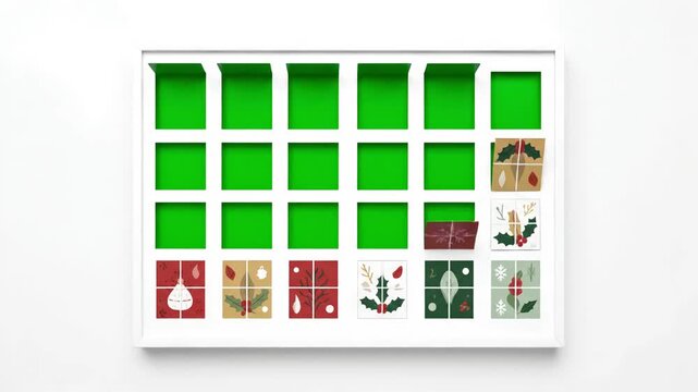 Special Effects with christmas advent calendar window reveals to green screen 24 illustrated windows animate open chroma distortion, overlay, glitch, static noise, scan lines on black background, 4k