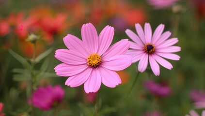 Vibrant Pink Blossoms of Sulfur Cosmos and Mexican Aster Flourishing in a Garden During Spring, Soft Focus Natural Backdrop
