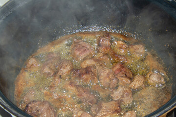 Preparing a hash with onions and stew beef.