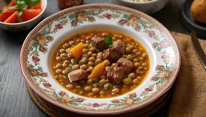 Hearty thick pea stew featuring smoked meat served in an elegant ceramic bowl