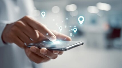 A person is using a smartphone to interact with location markers. This scene takes place in a bright, contemporary environment that highlights social media's connection to location. - Powered by Adobe