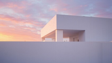Geometric minimalist architecture illuminated by sunset glow