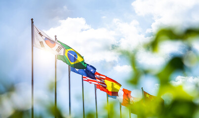 Fototapeta premium Flags of different countries in the sky