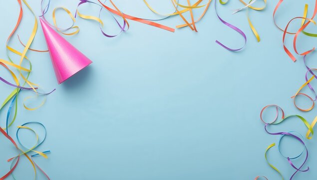 Colorful streamers and a pink party hat against a pale blue background with space for writing - Powered by Adobe