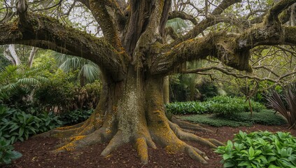 Obraz premium Ancient Tree Covered in Lichen Inside a Botanical Garden
