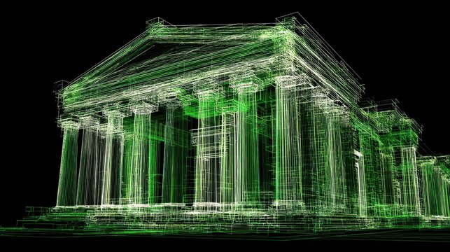 Futuristic Wireframe Architectural Building with Neon Green Design Elements and Black Background - Powered by Adobe
