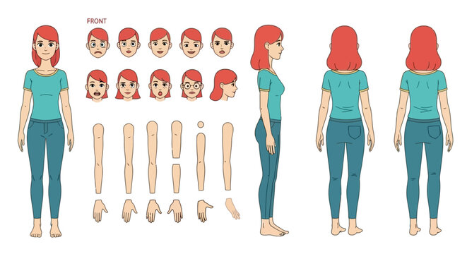 Detailed cartoon female character model sheet featuring full body views, diverse facial expressions, and interchangeable animation elements for 2D projects