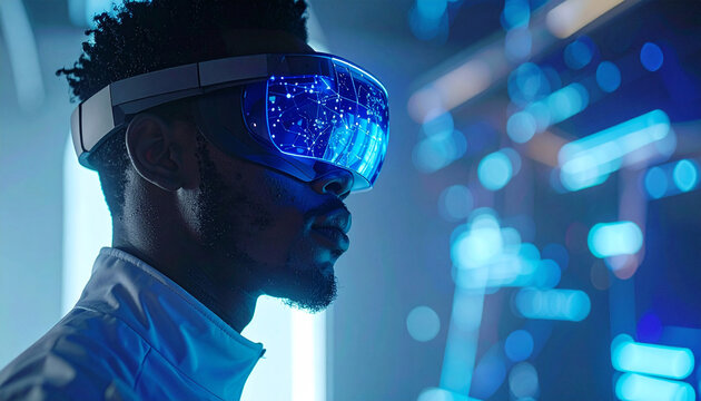 Vision of Tomorrow: A person experiences the future through the embrace of virtual reality. Immersed in a world of advanced technology, where the lines between the tangible and digital begin to blur.