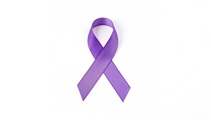 Purple ribbon symbolizing awareness for domestic violence, Alzheimer's, pancreatic cancer, epilepsy, and Hodgkin's lymphoma on a white backdrop