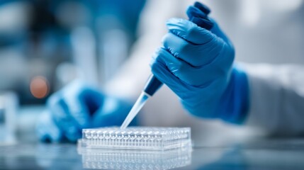A biological scientist wearing blue gloves carefully uses a pipette to transfer liquid in a well plate within a bright, high-tech laboratory. The focus is on meticulous research activities