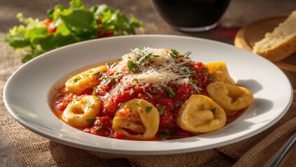 Handcrafted pasta rings served with a rich tomato and herb sauce, garnished with garlic and sprinkled parmesan cheese