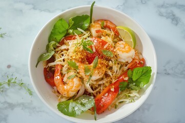 Spicy shrimp and pomelo salad - fusion cuisine concept with fresh ingredients and lemon