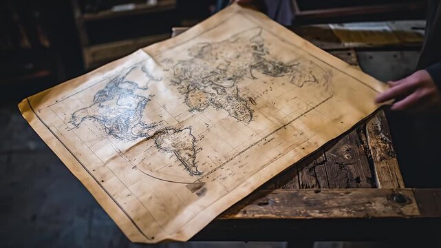 Antique world map displayed atop rustic wooden table, with distressed and vintage details