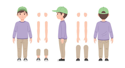 Cute cartoon boy character sheet with separate body parts for animation, showing front, side, and back views