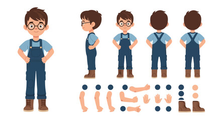 Cartoon boy character creation set in overalls with glasses, featuring turnaround views and separate body parts for animation