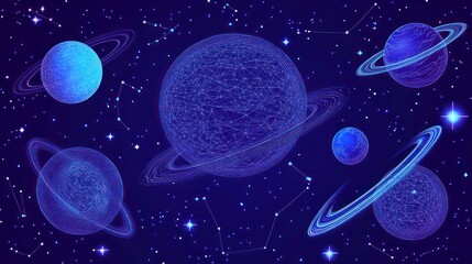 Naklejka premium Celestial bodies, glowing planets, and cosmic constellations
