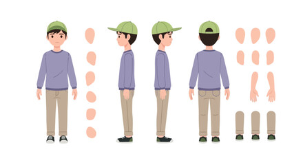 Vector illustration of a boy character sheet with various views and separate parts for animation