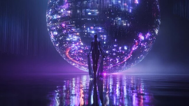 A mesmerizing display of light and reflection captures the essence of dance and celebration, showcasing a striking silhouette against a dazzling disco ball that radiates colors and vibrance.