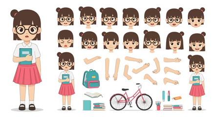 Customizable cute schoolgirl character creation set with various facial expressions, poses, and school supplies for animation