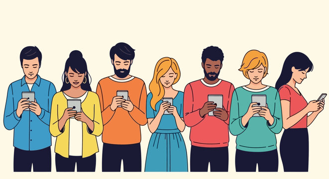 Group of diverse individuals engrossed in their mobile devices, illustrating digital disconnection and modern social issues