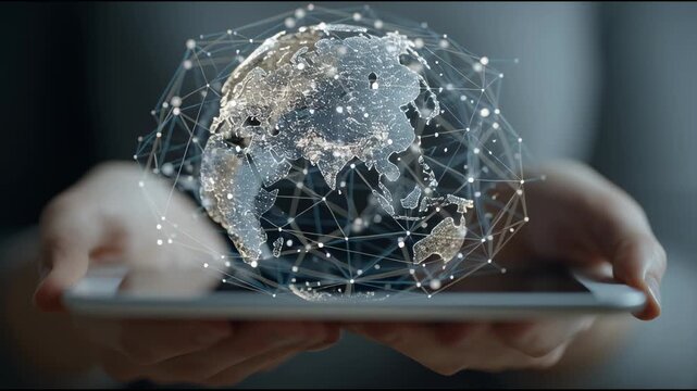 Global Connectivity at Your Fingertips: A pair of hands cradles the digital globe, a representation of interconnectedness in a tech-driven age, capturing the essence of a connected world