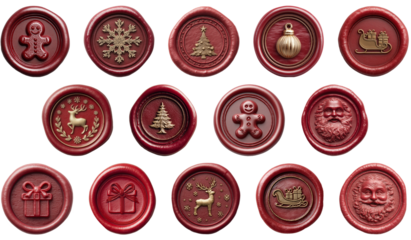 Collection of vintage red wax seals with Christmas icons including Santa Claus, reindeer, snowflake, sleigh, gifts, and tree, festive holiday design isolated on transparent background