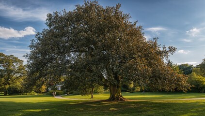Fototapeta premium Evergreen tree standing tall in a green space