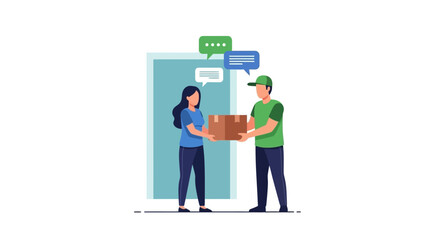 Delivery Service Woman Receiving Package from Courier with Speech Bubbles