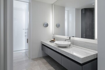 Modern bathroom interior featuring a stylish mirror and above-counter basin