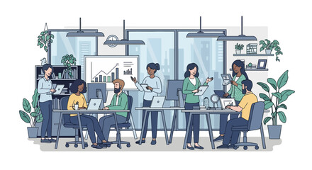 A diverse team collaborates on a project in a modern office setting with data visualization