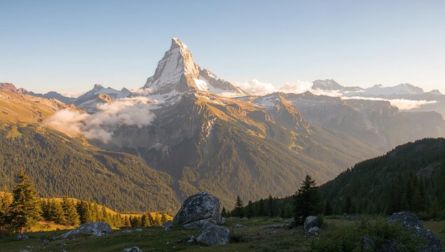 Breathtaking panorama of the iconic alpine peak from a high mountain meadow