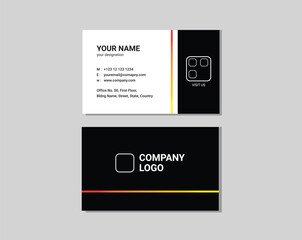 Modern corporate business card template with clean black and white layout, gradient red-yellow accent lines, and minimal typography. Ideal for branding, corporate identity, or design presentation.
