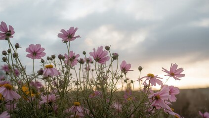 Fototapeta premium Vibrant pink and yellow cosmos flowers blooming under a cloudy sky in autumn