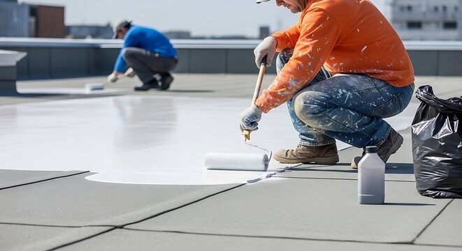 Roof Coating Application - Workers Applying Protective White Paint.