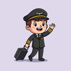 Cheerful Cartoon Pilot Boy Waving and Pulling Luggage.