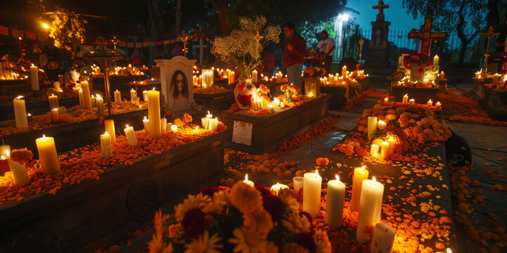 day of the dead cemetery with candles and marigolds